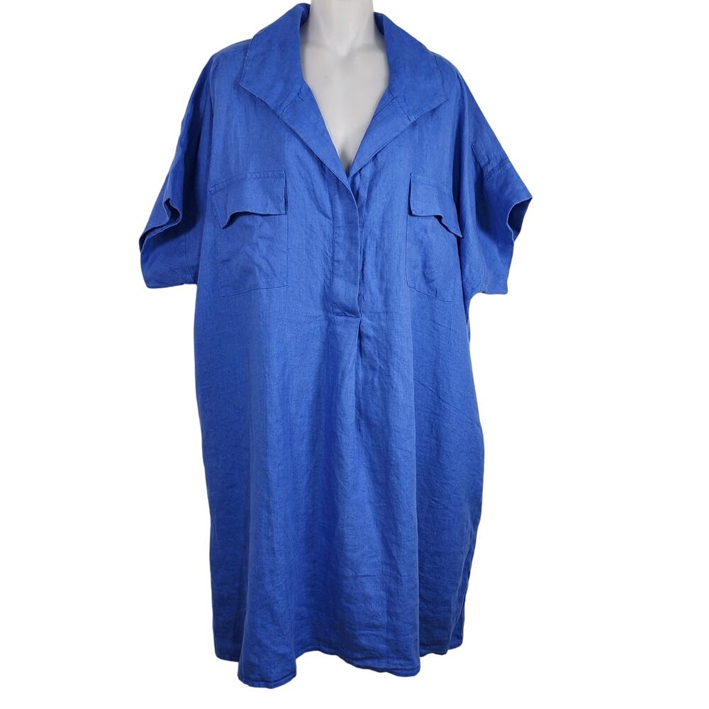 Chico's High-Low Linen Shirtdress Blue Short Sleeve Flap Pockets Size 4 US 20